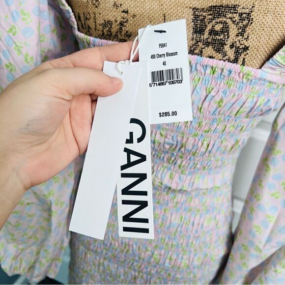 Sz 8 (40 EUR) GANNI Cherry Blossom Floral Smocked Mini Bodycon Dress - Picture 11 of 13